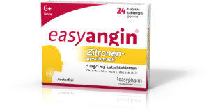 Packshot von easyangin Zitronengeschmack 5 mg/1 mg Lutschtabletten